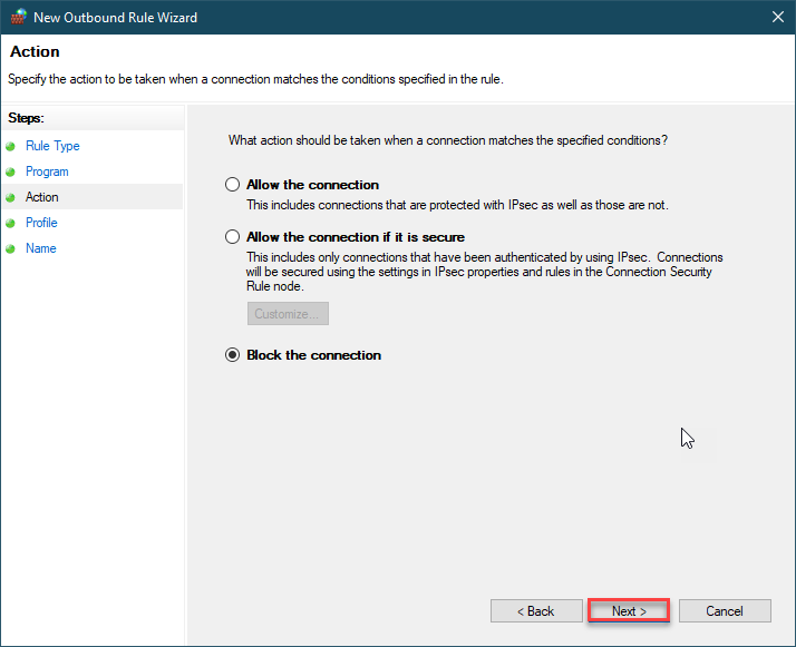 Select Block the connection and press the Next 