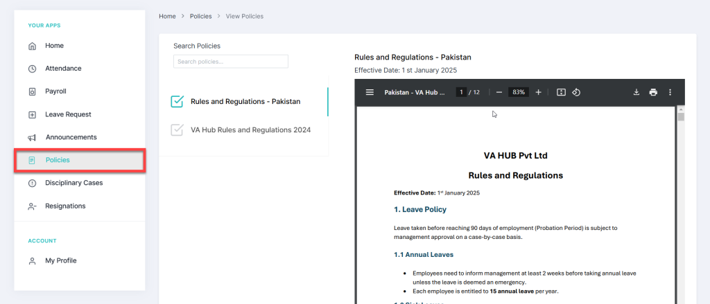 Access Company Policies in HRMS