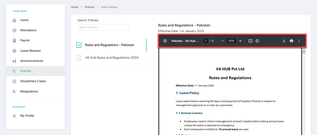 Access Company Policies in HRMS