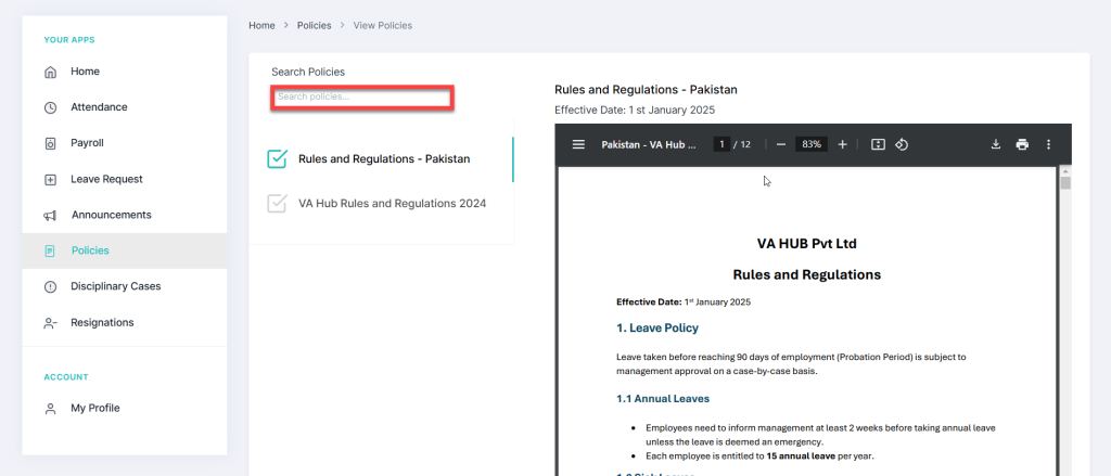 Access Company Policies in HRMS