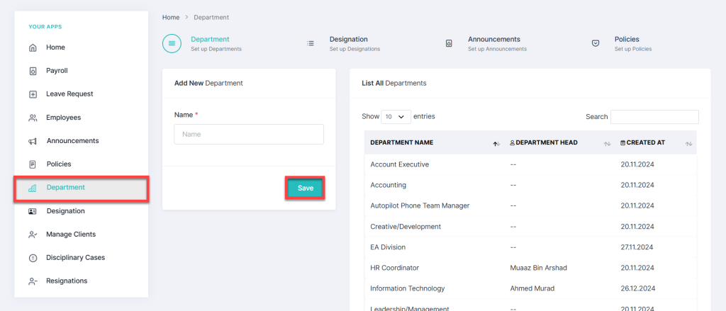Add a new department in HRMS