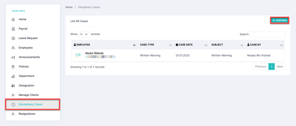 Add a Disciplinary Case in HRMS