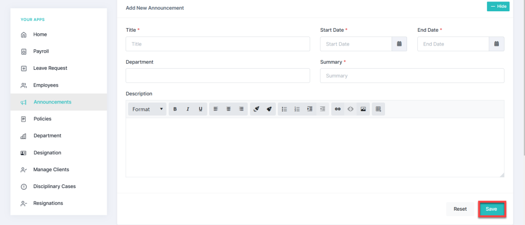 Add an Announcement in HRMS