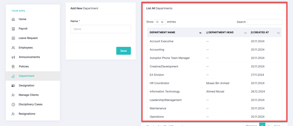 Add a new department in HRMS