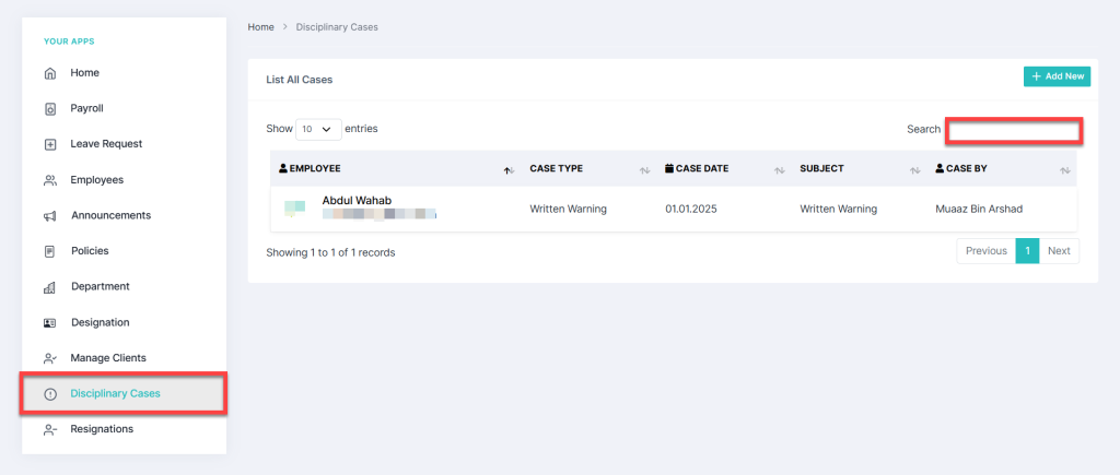 Add a Disciplinary Case in HRMS